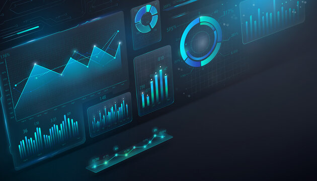 Digital dashboard displaying real-time financial data analytics, growth charts, and performance metrics on a futuristic screen