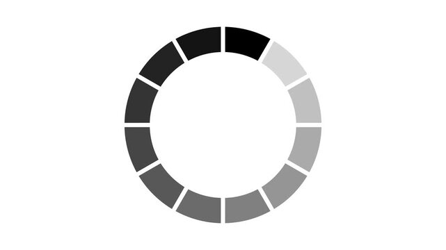 円状のゲージの色が時計回りのグラデーションで変わるローディングアイコンのアニメーション。システムやウェブサイト、データの読み込みを示すモノクロのUI。Loading mark motion graphics