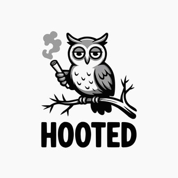 Funny hooted owl cartoon smoking on branch with bold lettering on light background for tshirt print sticker poster meme design with quirky nocturnal bird humor and sarcastic style