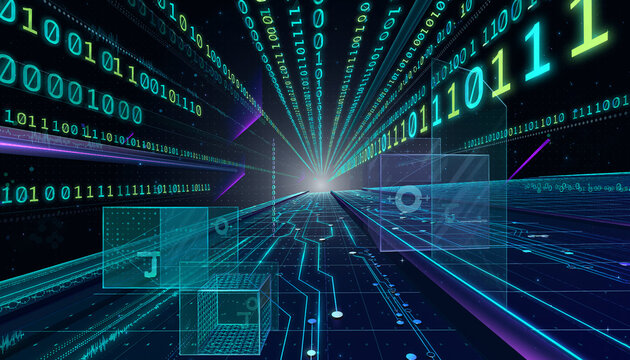 Digital data stream flowing through a futuristic cyber tunnel with glowing binary code and circuit board elements, representing technology and information flow