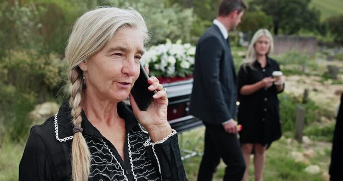 Phone call, funeral and senior woman at graveyard with communication, contact or talk for condolences. Cellphone, grief and elderly female person on mobile conversation for loss, sympathy or empathy.