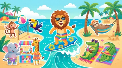 Fototapeta premium Beach adventure with tropical animals sunny coast illustration fun environment playful viewpoint family-friendly concept