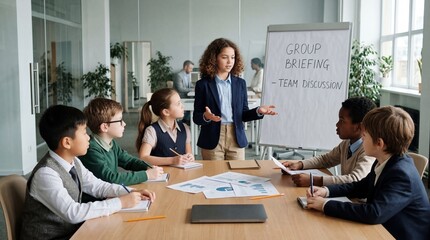 Fototapeta premium Team discussion and group briefing in modern office collaborative environment engaging viewpoint