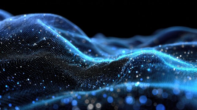Digital Luminosity: An ethereal illustration of interconnected points that ebb and flow, creating a mesmerizing pattern of luminous light, against a stark backdrop.