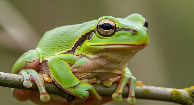 A vibrant green tree frog perched on a leaf in the wild