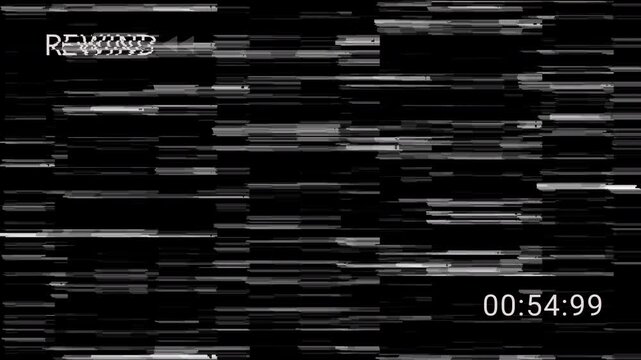 Authentic Vintage VHS defects noise with rewind sign. Premium 4K analog signal distortion. Cinematic CRT glitches and static for retro transition