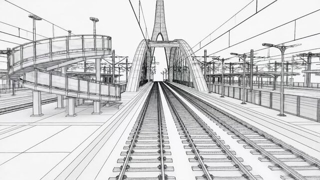 Wireframe perspective of train tracks leading to a modern bridge structure