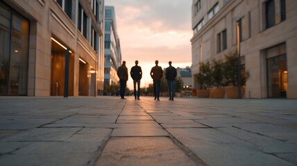 Obraz premium Low angle view of four silhouetted people walking down an urban street bathed in warm sunset light