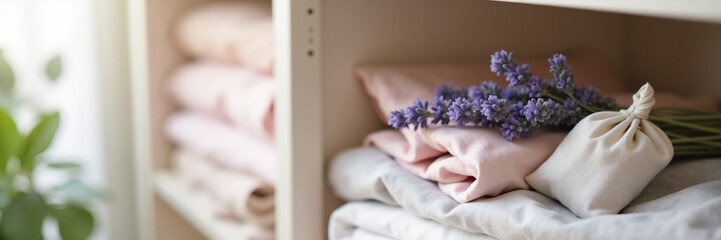 Fototapeta premium Fresh lavender sprig and handmade scent sachet on folded linens. Clean clothes stacked on a white wardrobe shelf