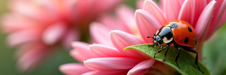 Fototapeta premium Macro photography of a red ladybug on a green leaf. Close up of a spotted beetle against blurred pink chrysanthemum petals. Spring floral banner background with copy space