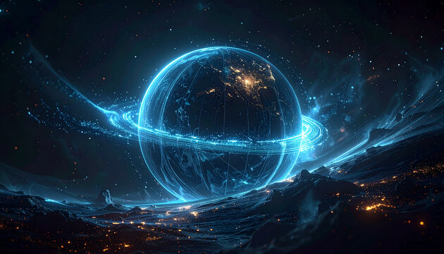 Abstract digital rendering of a blue sphere with data streams and swirling energy