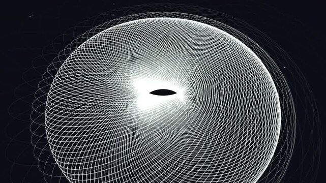 Seamless 4K loop of a 4D Clifford torus stereographically projected into 3D, visualized as dense metallic ribbons folding inside-out in hypnotic topological convection. Ideal for tech, science