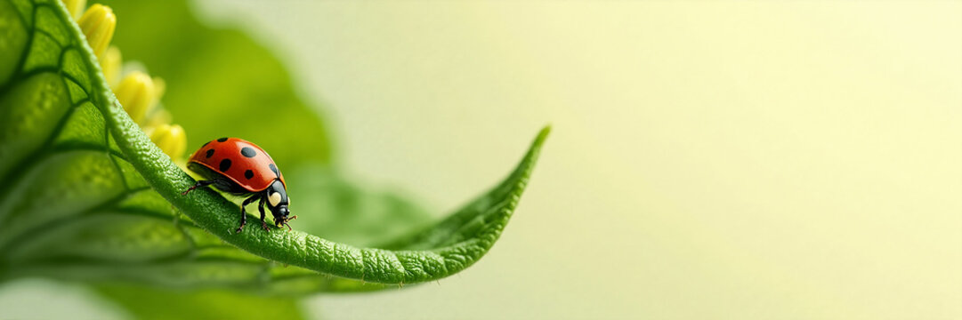 Macro ladybug on a green leaf with soft background. Red beetle in a spring garden. Nature banner with copy space