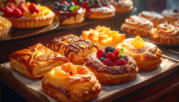 Assortment of fresh pastries with fruit toppings on display at a bakery