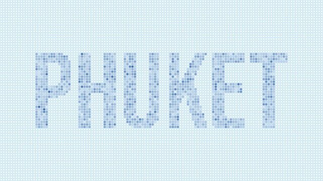 Phuket dotted map animation. Digital style shape of the island. Phuket shape and title blue dots appear with flickering effect. Thailand. Creative Intro, outro, title, logo video.