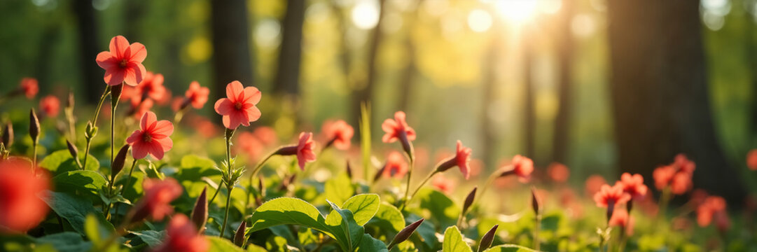Red campion wildflowers in a sunlit woodland clearing. Spring forest landscape with golden sunlight and sunbeams. Wild flowers blooming in nature