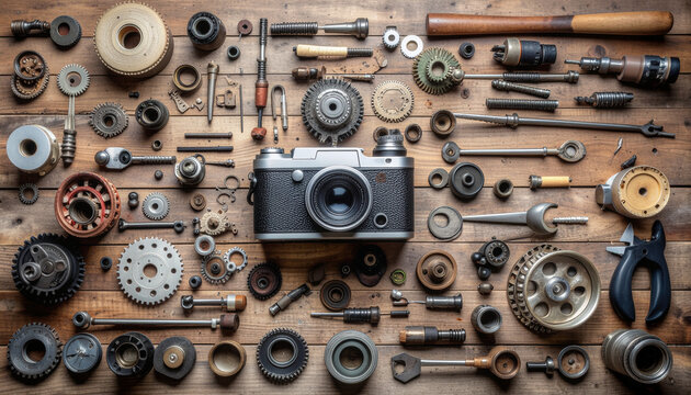 Vintage camera surrounded by various mechanical parts on wooden surface