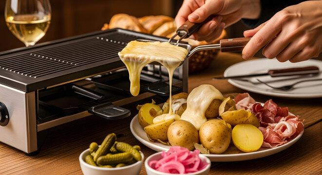Delicious melted cheese being poured over boiled potatoes with pickles and ham on a wooden table