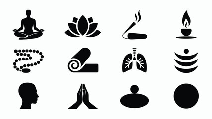 Obraz premium Black vector icons for yoga meditation and wellness concepts including symbols for mindfulness and inner peace practices