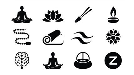 Black vector icons for yoga meditation and mindfulness practices on white background