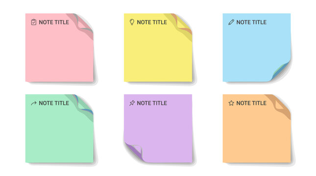 Six colorful blank sticky notes with curled corners and 'NOTE TITLE' text, isolated on a white background, perfect for reminders or messages.