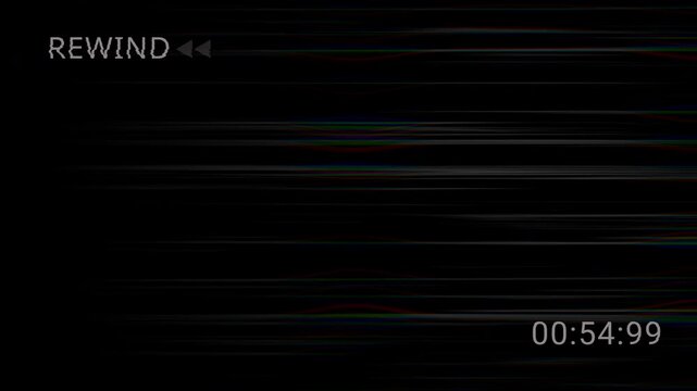 Iconic VCR rewind arrows with Vintage VHS defects noise. 4K magnetic signal distortion and analog tape hiss. Cinematic 80s retro glitch background.