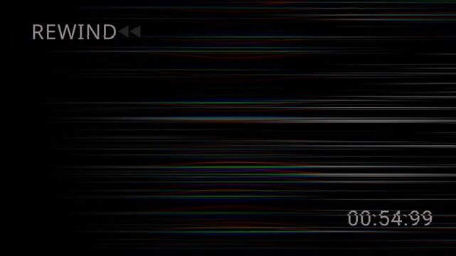Authentic Vintage VHS defects noise with rewind sign. Premium 4K analog signal distortion. Cinematic CRT glitches and static for retro transition