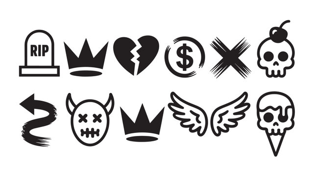 Urban Culture Icon Set &ndash; Bold Black-and-White Streetwear, Music, and Rebellion Symbols for Tees, Logos, and Digital Design