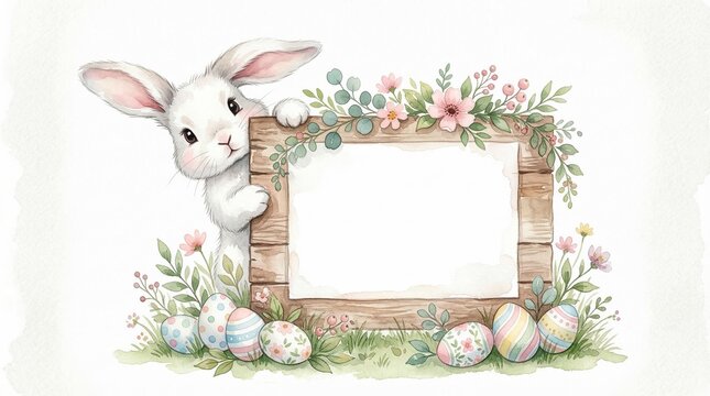 Charming watercolor bunny peeking from behind a rustic wooden sign adorned with delicate pastel flowers and Easter eggs, offering a delightful blank space for your custom spring message or greeting