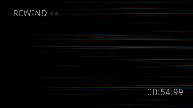 Dramatic Vintage VHS defects noise. 4K analog rewind sign and CRT signal distortion. Premium realistic damaged tape texture for retro video edits