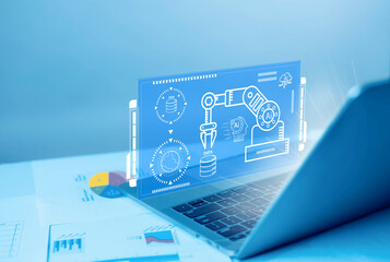 Laptop displaying artificial intelligence automation interface with robotic arm and data analytics icons, representing smart manufacturing technology, AI system integration