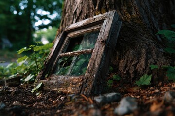 Fototapeta premium Window frame leaning against tree in stock images