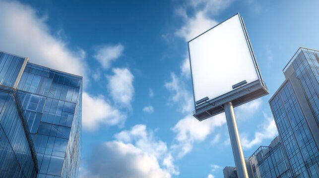 Empty billboard against a clear blue sky with modern glass buildings surrounding it, ideal for advertisements and promotions