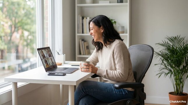 Smiling Woman Having Video Call While Working Remotely at Home Office