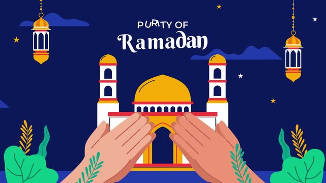 Purity of Ramadan - Hands Praying at Mosque with Lanterns Vector Illustration
