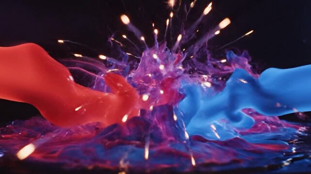 Red and blue liquids mixing explosion.