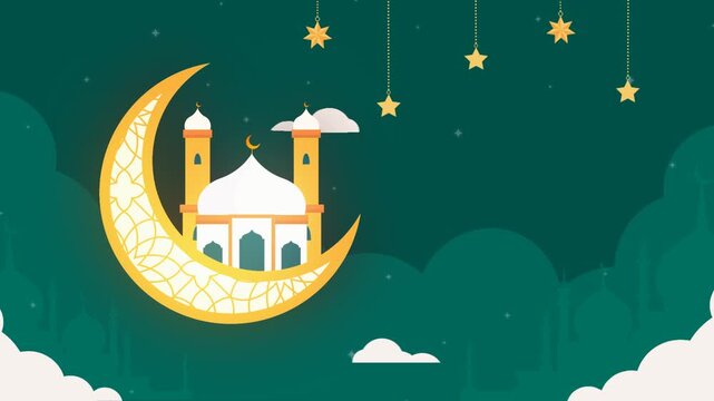 Islamic Mosque Inside Golden Crescent Moon Night Illustration