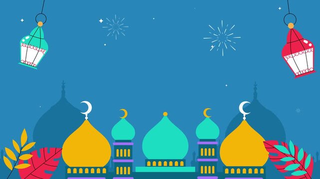 Colorful Ramadan Mosque Background with Lanterns and Crescent Moon Flat Illustration