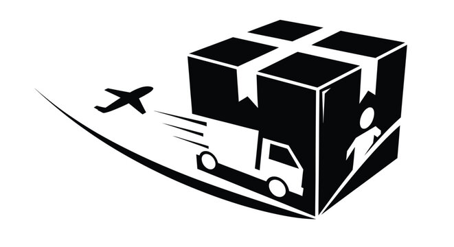 Black and white graphic of packages a truck and airplanes suggesting delivery