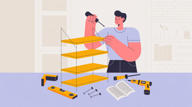 Man assembling yellow shelving unit with tools and instructions on purple table in room
