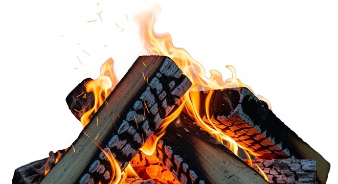 A campfire burning with orange flames and charred wood on a white background