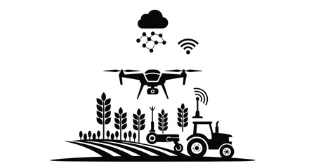 Agricultural technology illustration depicting a drone surveying farmland and equipment © Imdadul_Studio