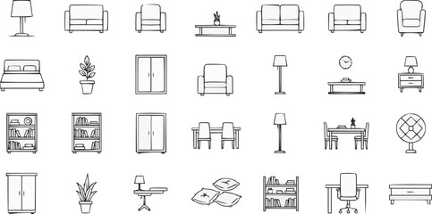 The image is a collection of line art icons representing various pieces of furniture and household items. They are arranged in a grid-like format on a white background. The style is simple and minimal