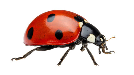 Close-up studio photograph of a vibrant red ladybug with white spots. © Emma