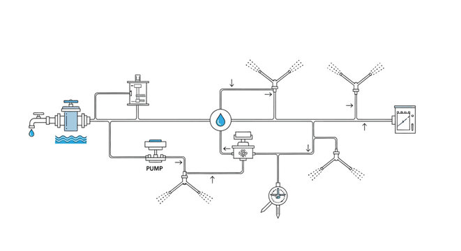 Diagram illustrating a typical irrigation system with components and water flow