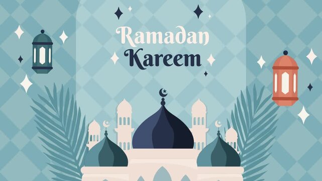 Happy Ramadan Celebration Background with Mosque, Lanterns and Crescent Moon Illustration