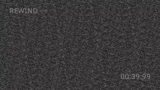 Retro 4K Vintage VHS defects noise. Cinematic VCR rewind sign with magnetic signal glitches. Professional analog tape distortion and static texture