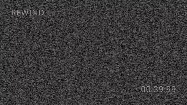 Distorted Vintage VHS defects noise. 4K analog rewind arrows with CRT flicker and signal loss. Premium cinematic glitch overlay for lo-fi projects
