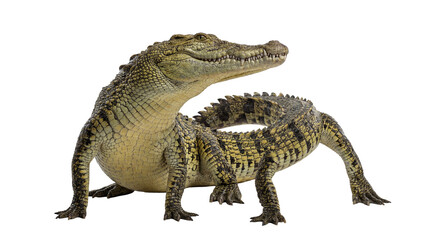 Fototapeta premium Close-up photograph of a formidable young freshwater crocodile, body curled in a defensive or alert posture.