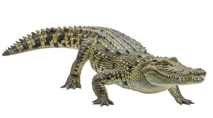 Obraz premium Full-body photograph of a powerful adult freshwater crocodile, crawling forward with a menacing gaze.